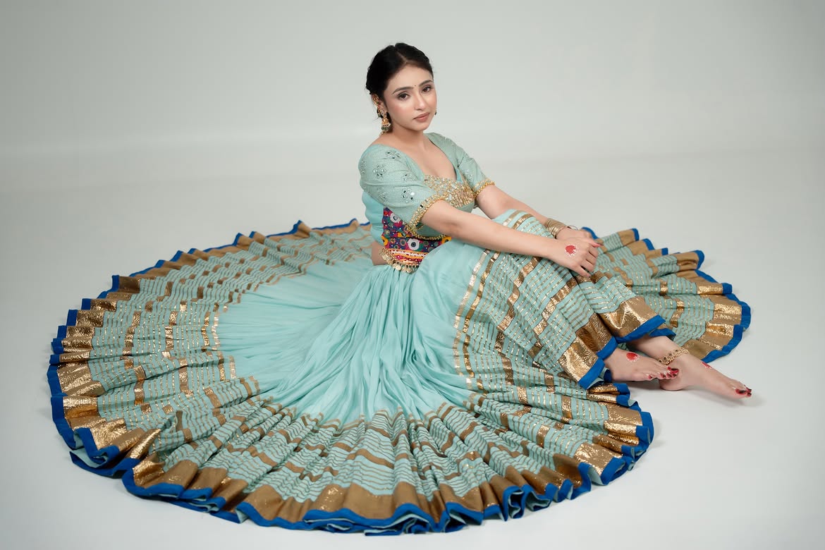 Aqua Blue Mirror & Kutchi Work Designer Chaniya Choli