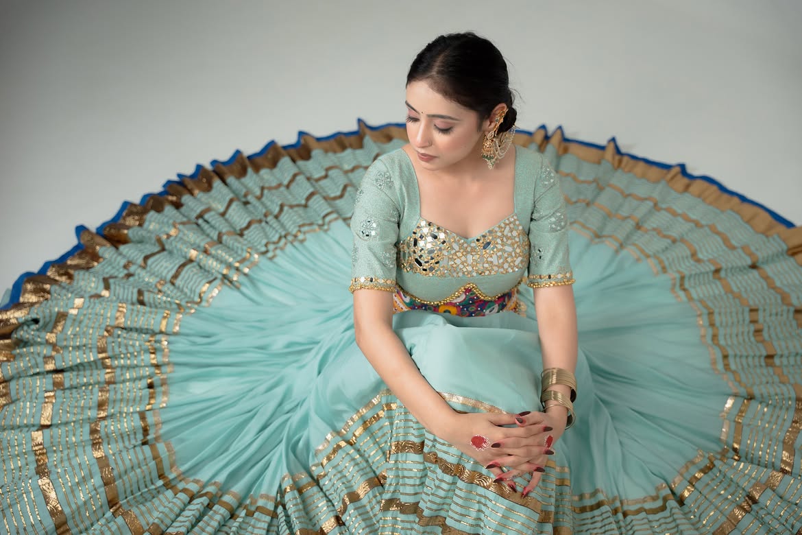 Aqua Blue Mirror & Kutchi Work Designer Chaniya Choli
