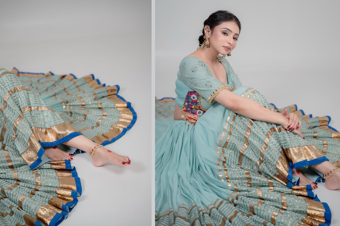 Aqua Blue Mirror & Kutchi Work Designer Chaniya Choli