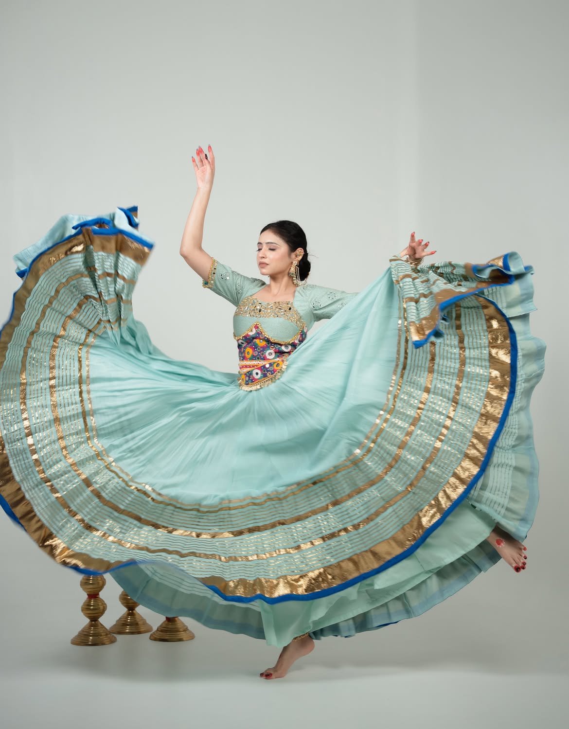 Aqua Blue Mirror & Kutchi Work Designer Chaniya Choli
