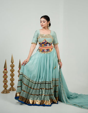 Aqua Blue Mirror & Kutchi Work Designer Chaniya Choli