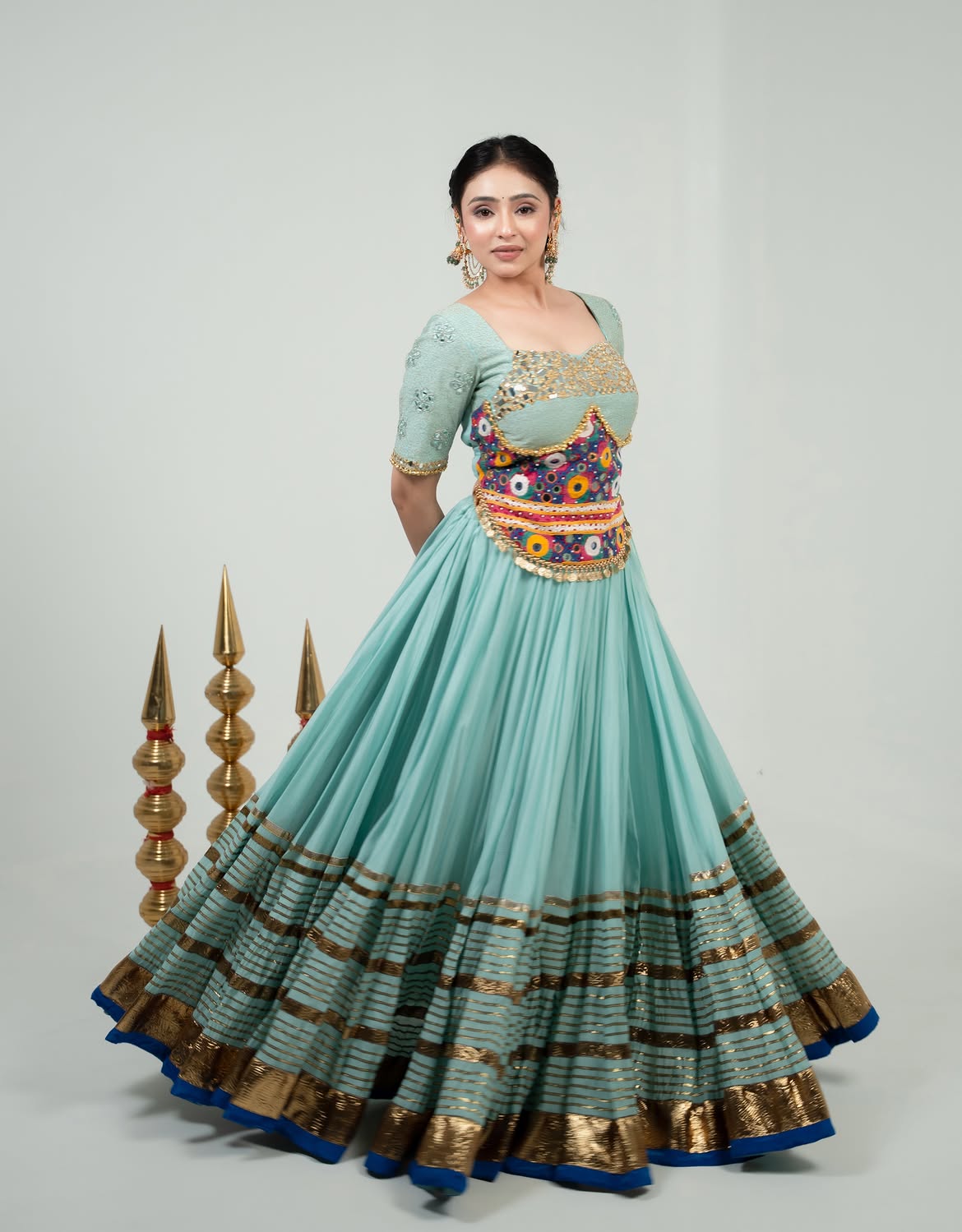 Aqua Blue Mirror & Kutchi Work Designer Chaniya Choli