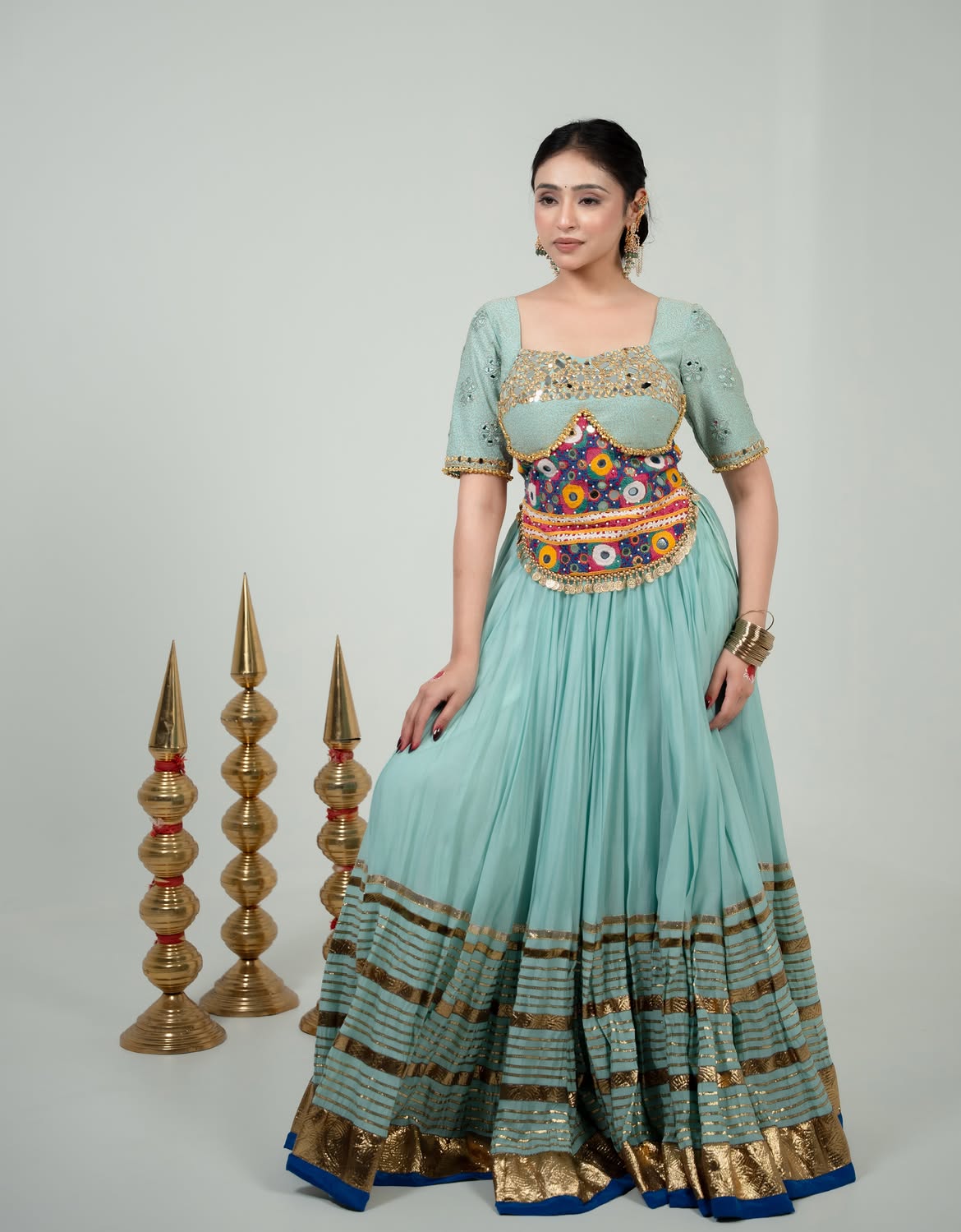 Aqua Blue Mirror & Kutchi Work Designer Chaniya Choli