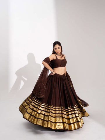 Zohra Broad Metallic Gota Lehenga Choli Set in Dark Chocolate Brown
