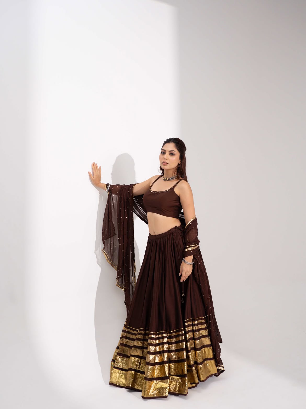 Zohra Broad Metallic Gota Lehenga Choli Set in Dark Chocolate Brown
