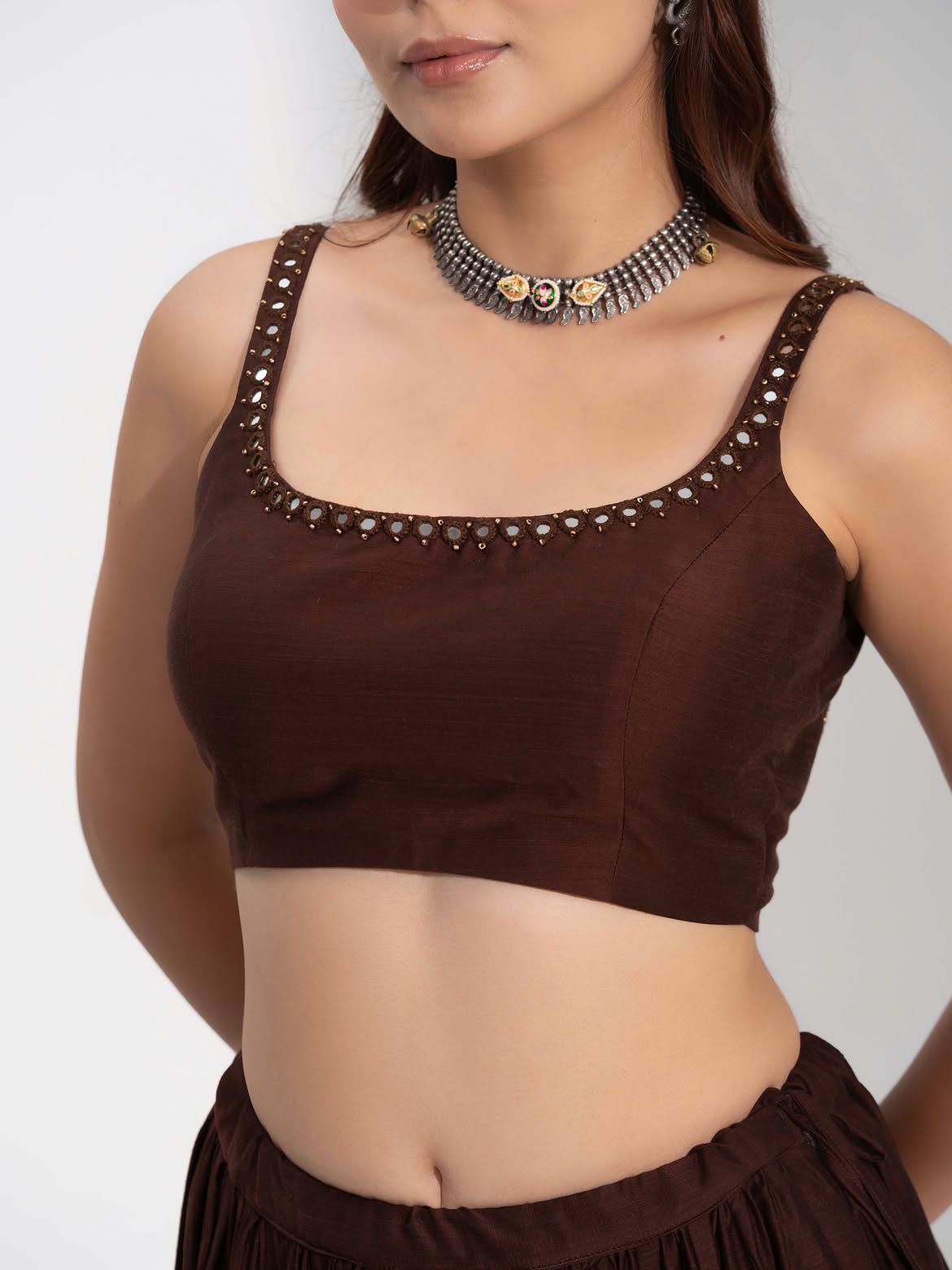 Zohra Broad Metallic Gota Lehenga Choli Set in Dark Chocolate Brown