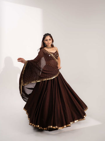 Mirror Work Silk Choli Set in Deep Chocolate Brown