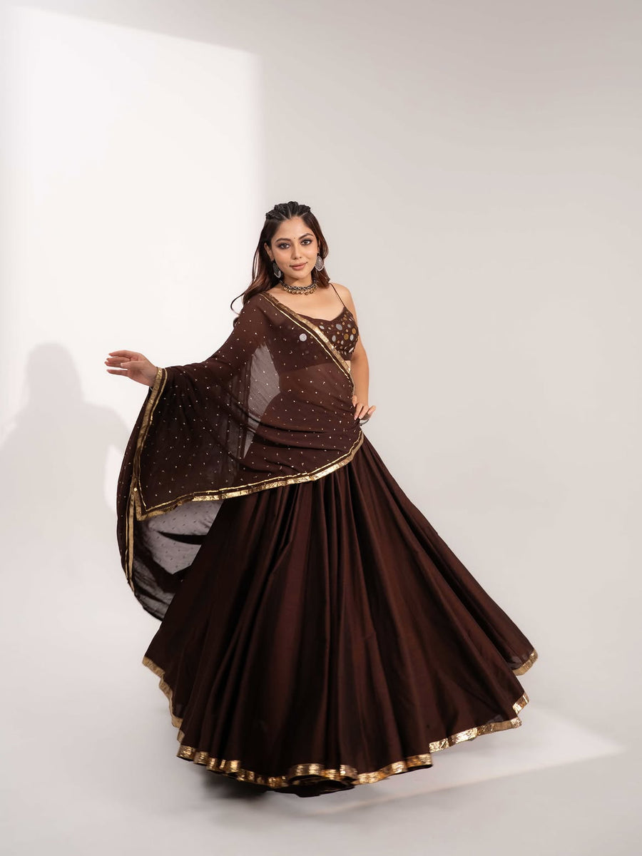 Mirror Work Silk Choli Set in Deep Chocolate Brown