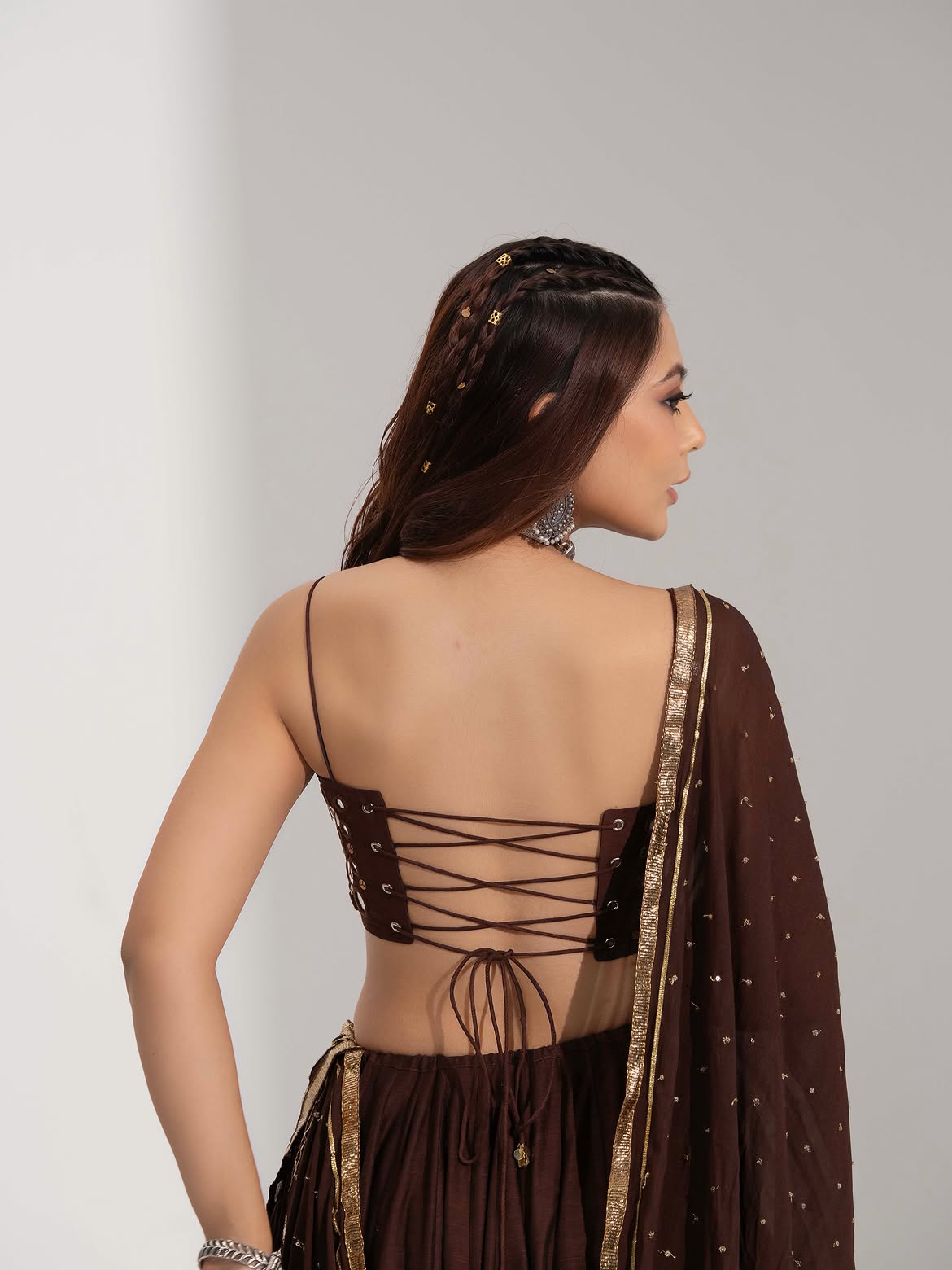 Mirror Work Silk Choli Set in Deep Chocolate Brown