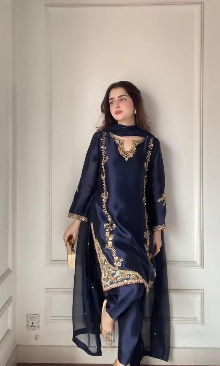 Azure Moti Hand Work Crep Silk Farshi Salwar
