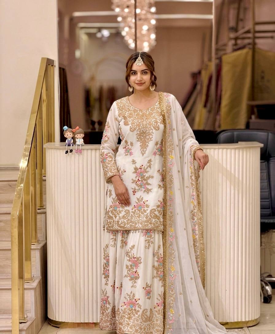 Luxury Pakistani Embroidered Sharara Suit with Dupatta
