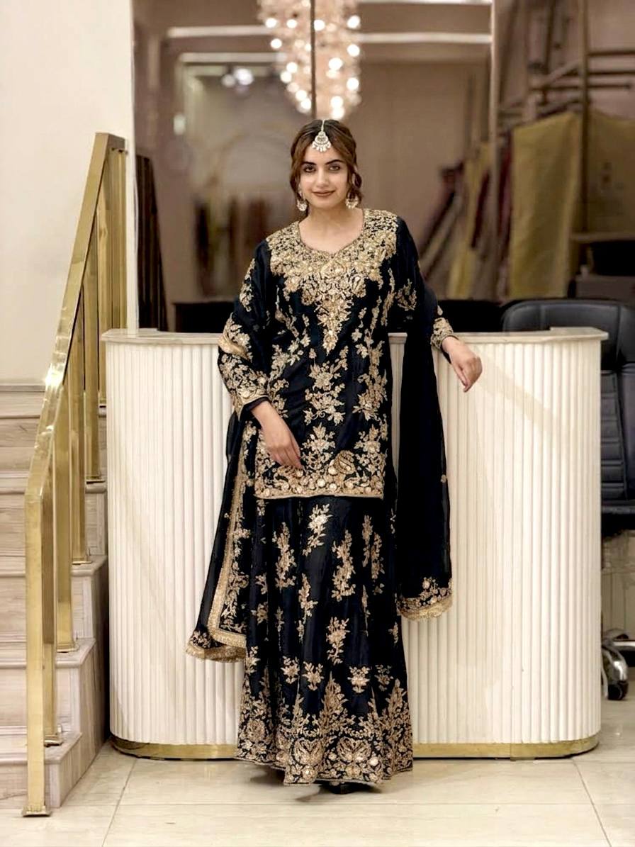 Luxury Pakistani Embroidered Sharara Suit with Dupatta