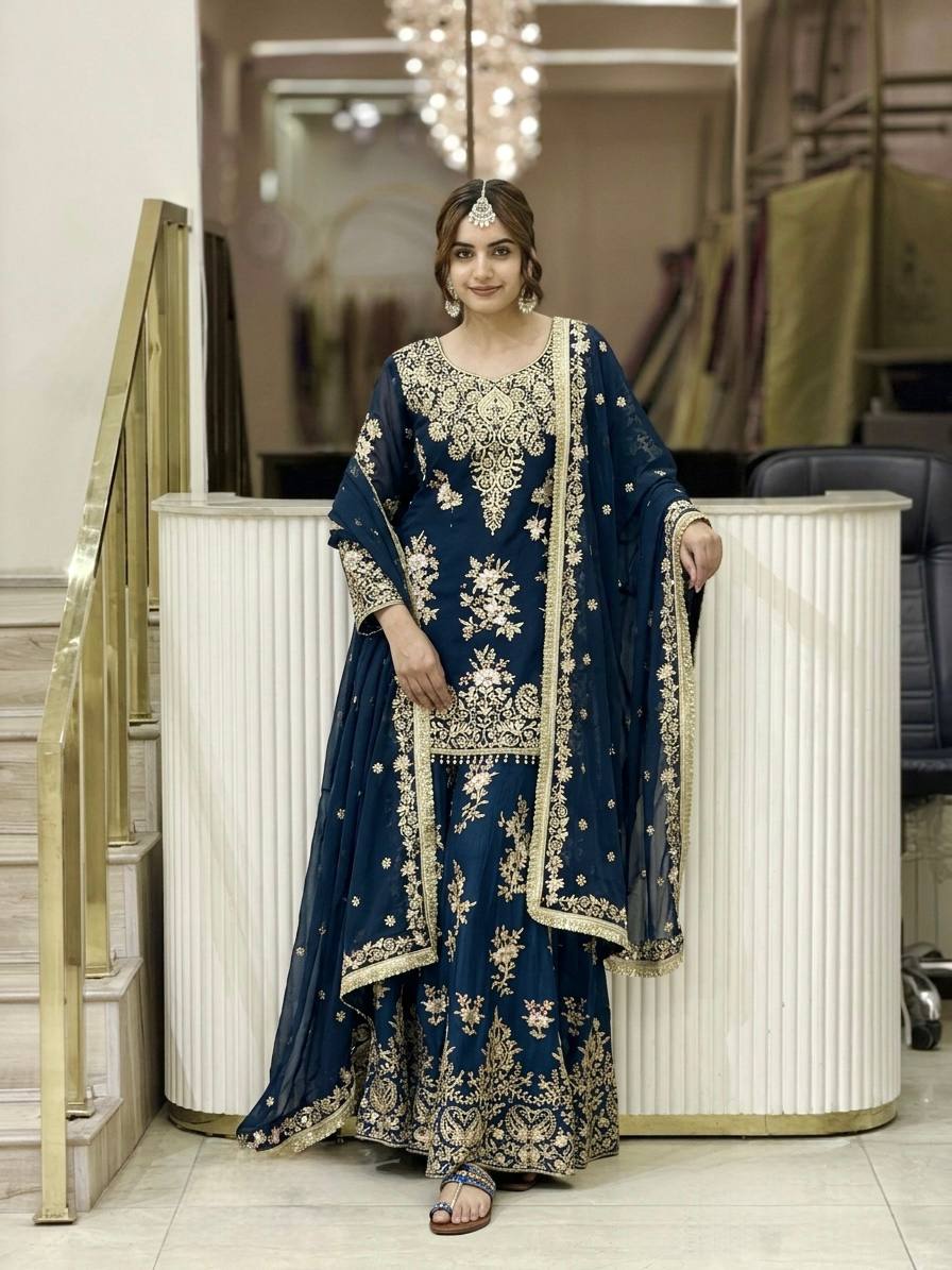 Luxury Pakistani Embroidered Sharara Suit with Dupatta