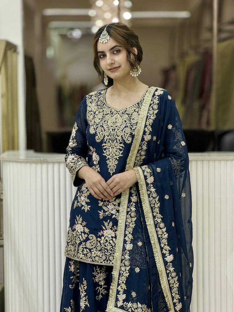 Luxury Pakistani Embroidered Sharara Suit with Dupatta