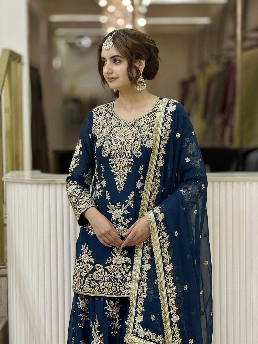 Luxury Pakistani Embroidered Sharara Suit with Dupatta