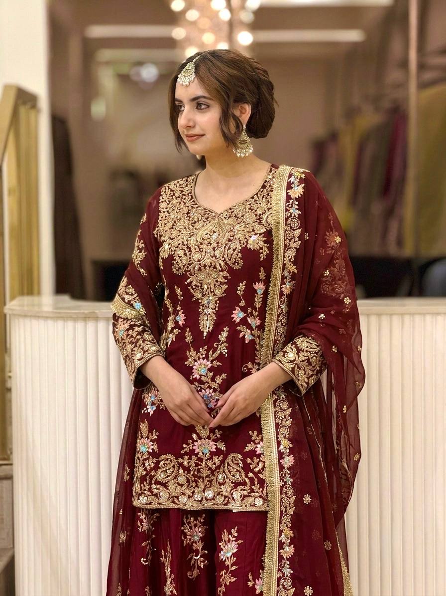 Luxury Pakistani Embroidered Sharara Suit with Dupatta