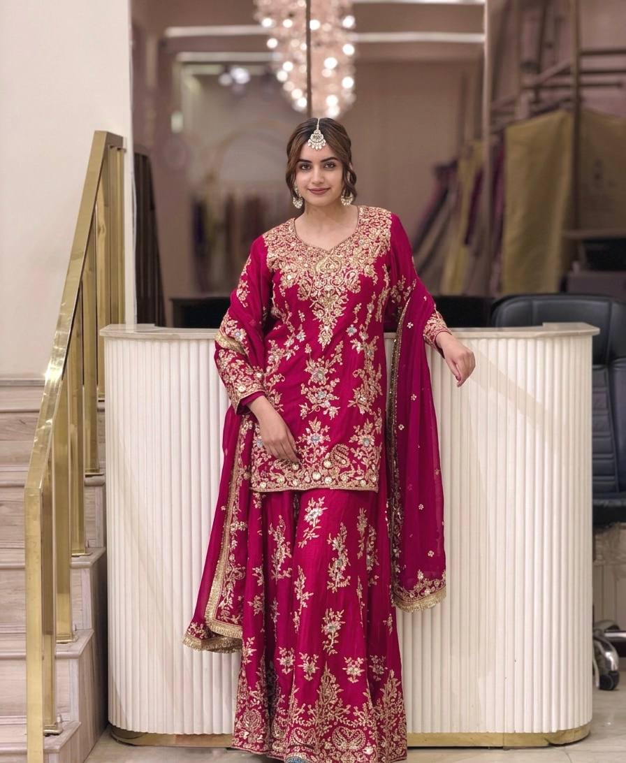 Luxury Pakistani Embroidered Sharara Suit with Dupatta