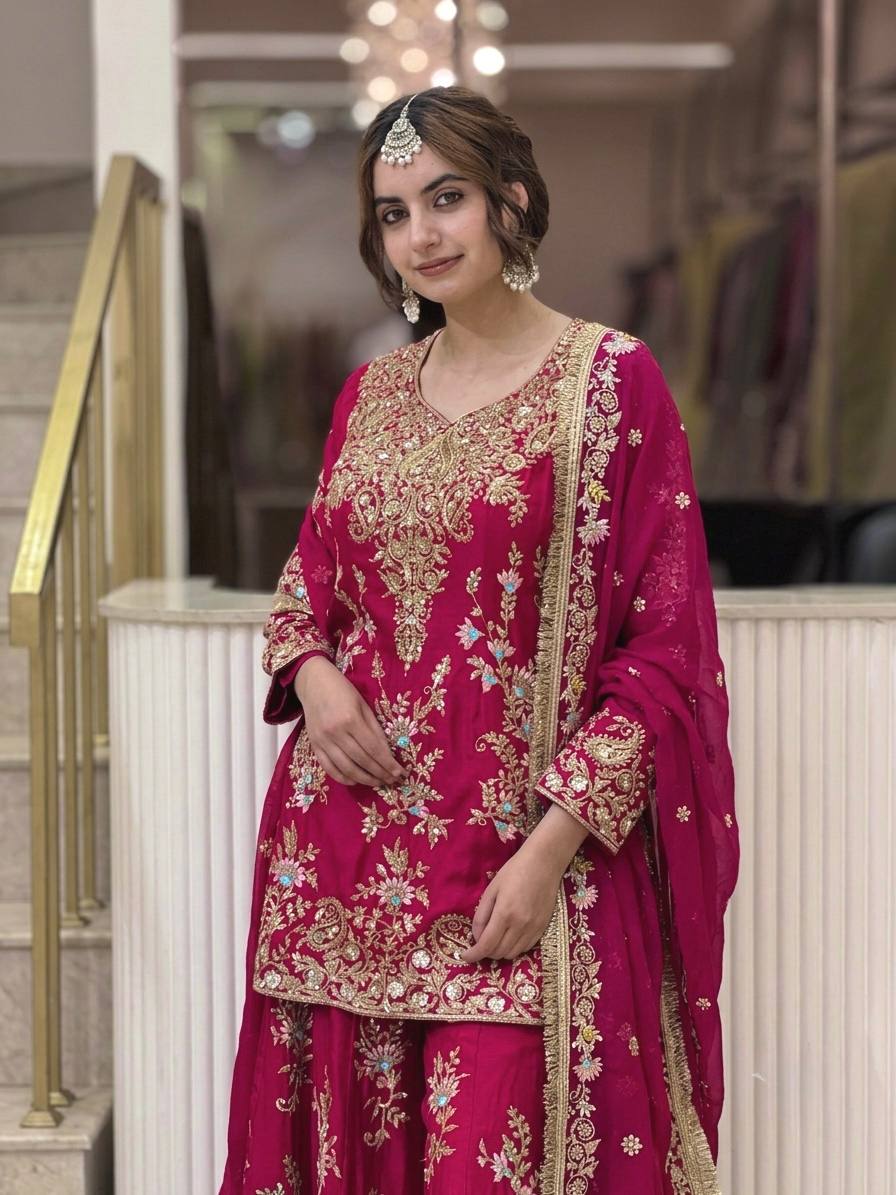 Luxury Pakistani Embroidered Sharara Suit with Dupatta